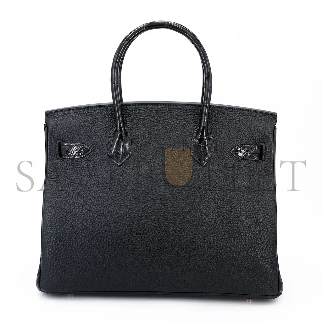 HERMÈS MASTER BIRKIN 30 CROCODILE AND TOGO LEATHER BLACK SILVER BUCKLE H076235CK02 (30*22*16cm)